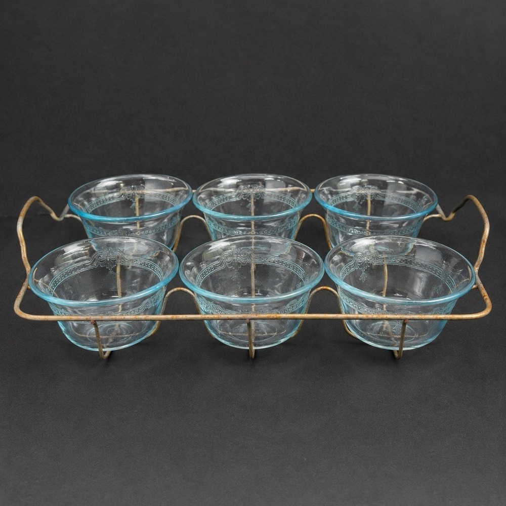 VTG Fire King Philbe Sapphire Blue Custard Cups Set 6 Original Wire Rack USA